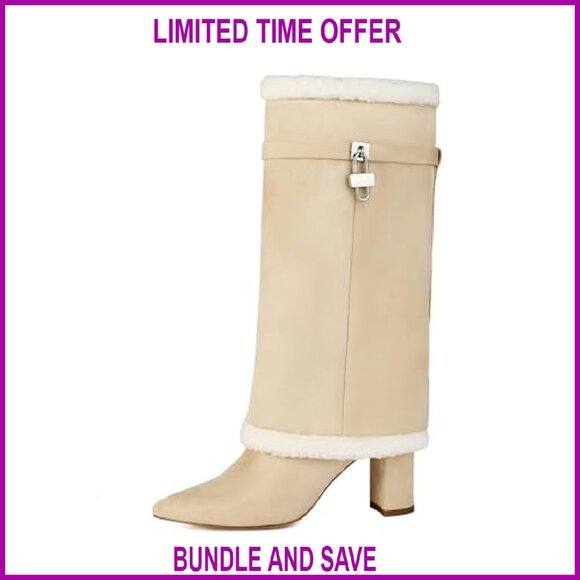 Fold Over Boots with Padlock Mid Calf Pointed Toe Chunky Heel Fur Collar - Picture 2 of 8